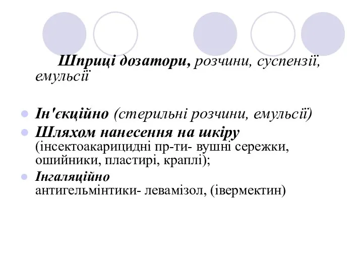 Шприці дозатори, розчини, суспензії, емульсії Ін'єкційно (стерильні розчини, емульсії) Шляхом нанесення