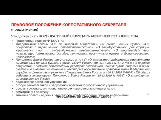 ПРАВОВОЕ ПОЛОЖЕНИЕ КОРПОРАТИВНОГО СЕКРЕТАРЯ (продолжение) Что должен знать КОРПОРАТИВНЫЙ СЕКРЕТАРЬ АКЦИОНЕРНОГО