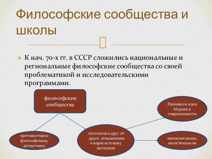 К нач. 70-х гг. в СССР сложились национальные и региональные философские