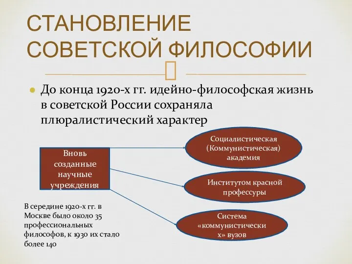 До конца 1920-х гг. идейно-философская жизнь в советской России сохраняла плюралистический