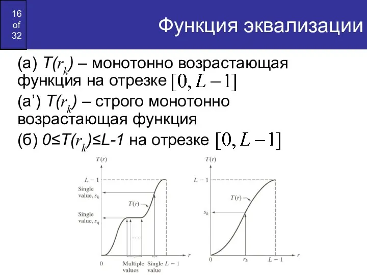 Функция эквализации (а) T(rk) – монотонно возрастающая функция на отрезке (а’)