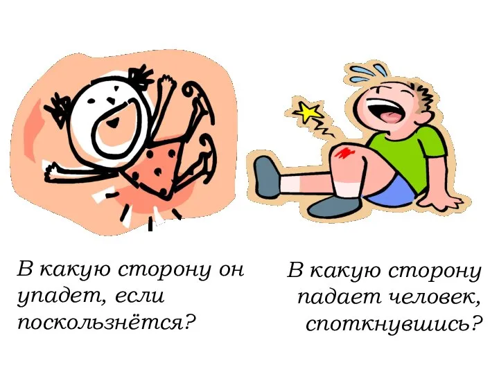 В какую сторону падает человек, споткнувшись? В какую сторону он упадет, если поскользнётся?