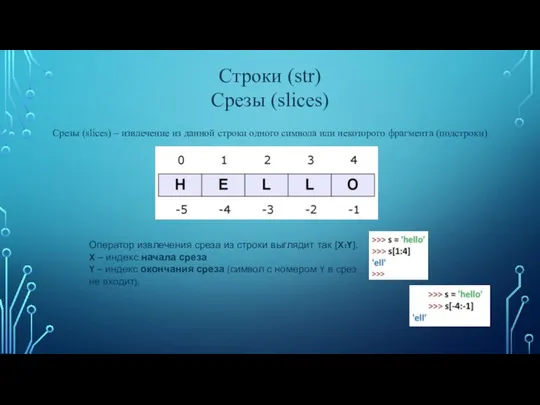 Строки (str) Срезы (slices) Срезы (slices) – извлечение из данной строки