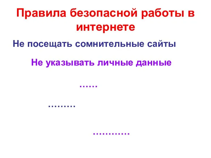 Правила безопасной работы в интернете Не посещать сомнительные сайты Не указывать личные данные …… ……… …………