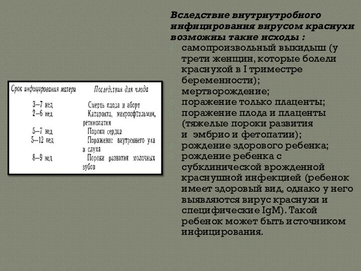 Вследствие внутриутробного инфицирования вирусом краснухи возможны такие исходы : самопроизвольный выкидыш