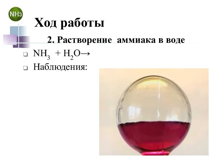 Ход работы 2. Растворение аммиака в воде NH3 + Н2О→ Наблюдения: