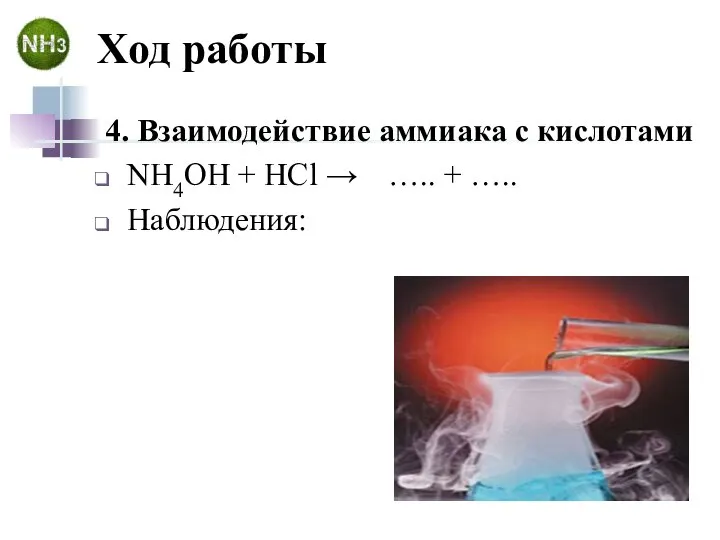 Ход работы 4. Взаимодействие аммиака с кислотами NH4OH + HCl → ….. + ….. Наблюдения: