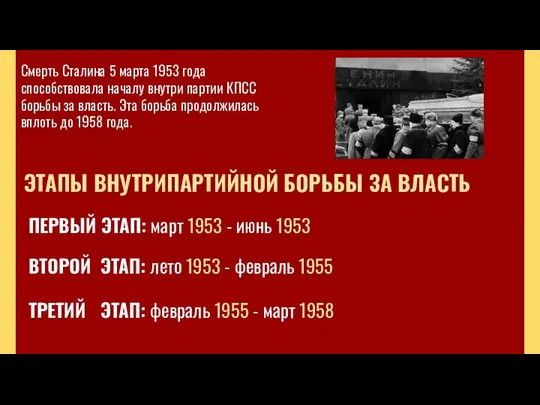 Смерть Сталина 5 марта 1953 года способствовала началу внутри партии КПСС