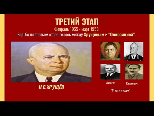 ТРЕТИЙ ЭТАП Февраль 1955 - март 1958 Борьба на третьем этапе