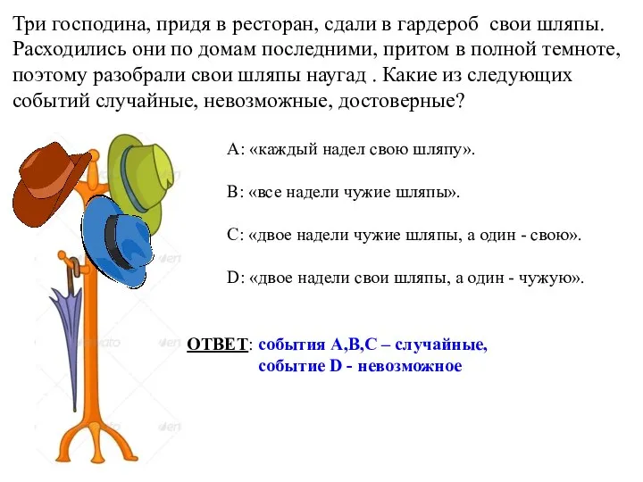 Три господина, придя в ресторан, сдали в гардероб свои шляпы. Расходились