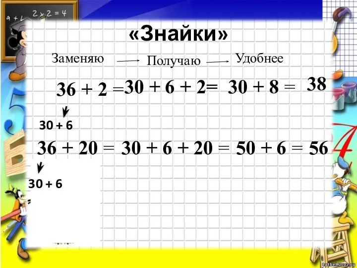 «Знайки» 36 + 2 = 36 + 20 = 30 +