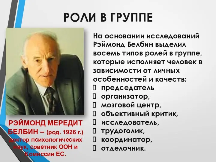 РОЛИ В ГРУППЕ На основании исследований Рэймонд Белбин выделил восемь типов