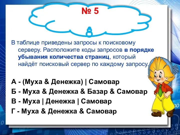 № 5 В таблице приведены запросы к поисковому серверу. Расположите коды