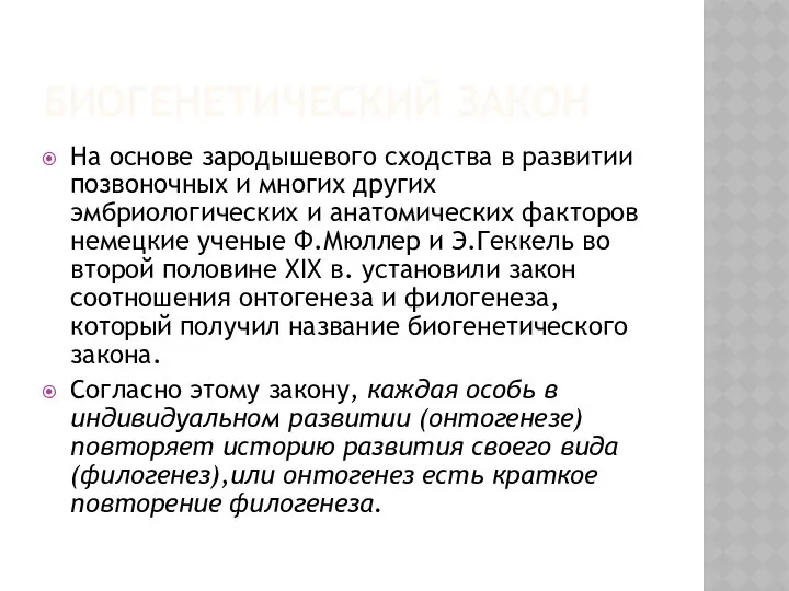 БИОГЕНЕТИЧЕСКИЙ ЗАКОН На основе зародышевого сходства в развитии позвоночных и многих