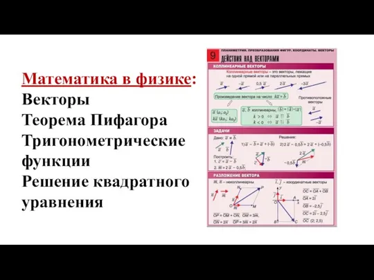 Математика в физике: Векторы Теорема Пифагора Тригонометрические функции Решение квадратного уравнения