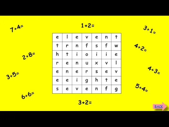 BACK 6+6= 3+5= 2+8= 7+4= 1+2= 3+2= 5+4= 4+3= 4+2= 3+1=