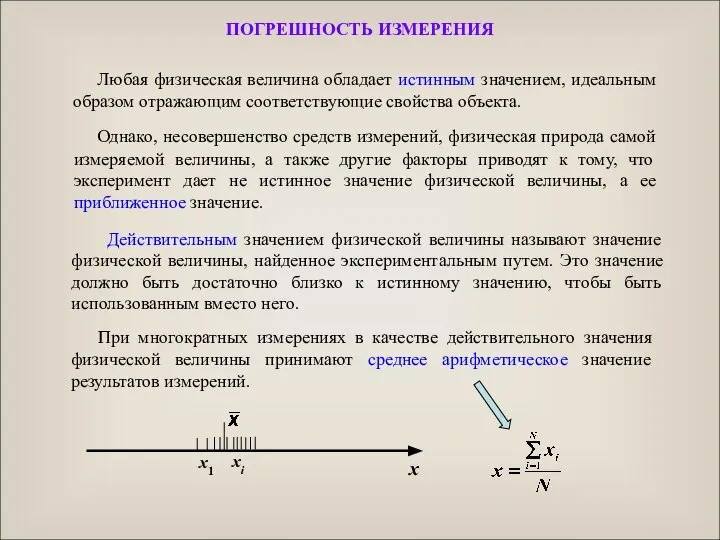 ПОГРЕШНОСТЬ ИЗМЕРЕНИЯ Любая физическая величина обладает истинным значением, идеальным образом отражающим