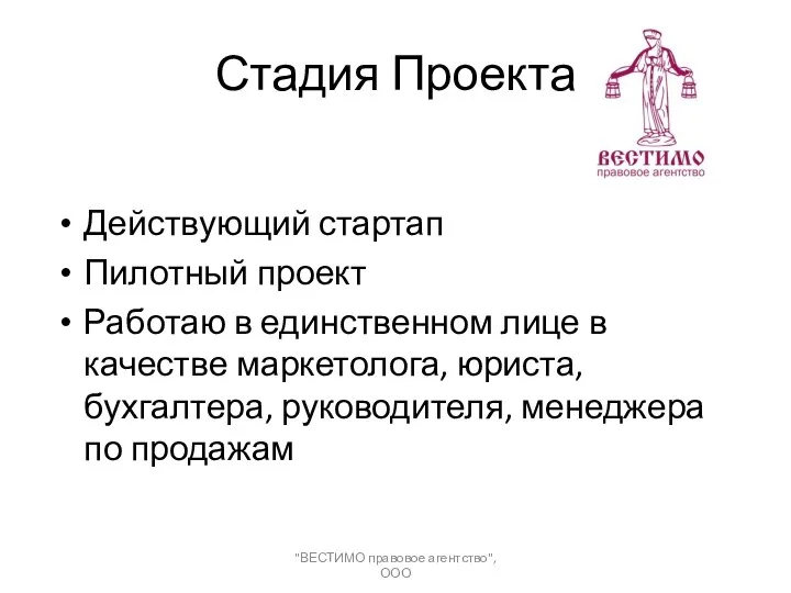 Стадия Проекта Действующий стартап Пилотный проект Работаю в единственном лице в