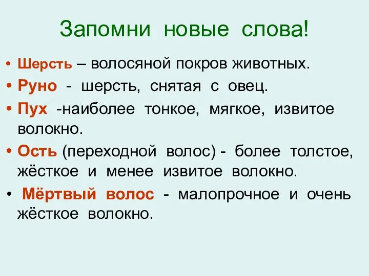 Запомни новые слова! Шерсть – волосяной покров животных. Руно - шерсть,