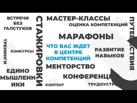 ЧТО ВАС ЖДЕТ В ЦЕНТРЕ КОМПЕТЕНЦИЙ СТАЖИРОВКИ МАРАФОНЫ МАСТЕР-КЛАССЫ ТРУДОУСТРОЙСТВО КОНФЕРЕНЦИИ