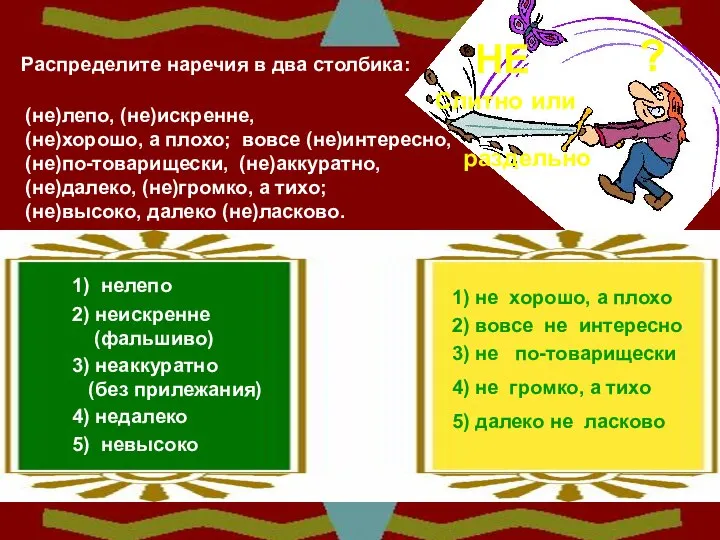 НЕ Слитно раздельно или Распределите наречия в два столбика: (не)лепо, (не)искренне,