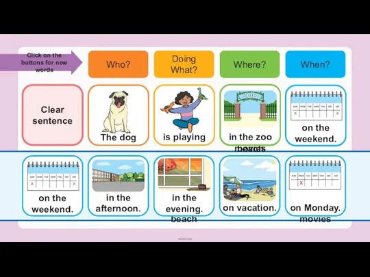 Clear sentence Who? Doing What? Where? When? Click on the buttons for new words