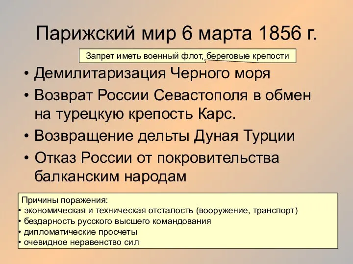 Парижский мир 6 марта 1856 г. Демилитаризация Черного моря Возврат России