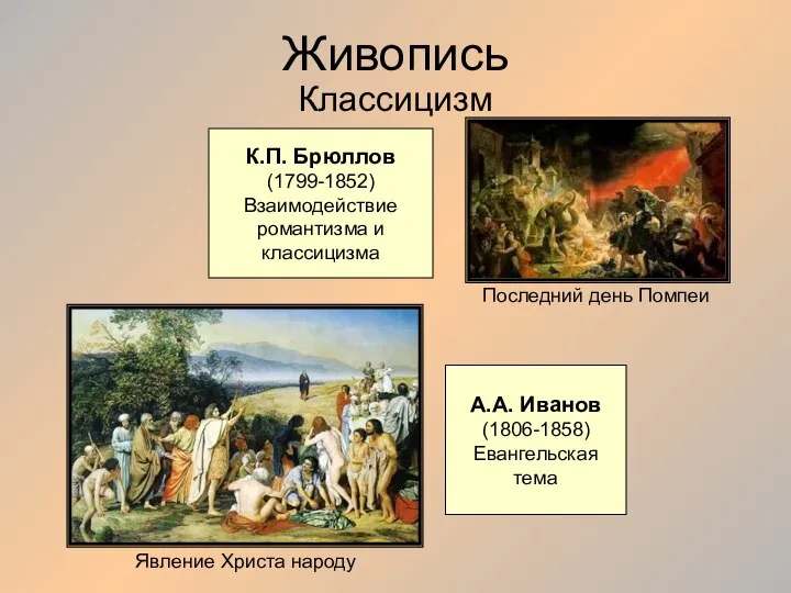 Живопись Классицизм К.П. Брюллов (1799-1852) Взаимодействие романтизма и классицизма А.А. Иванов