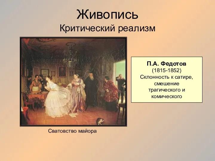 Живопись Критический реализм П.А. Федотов (1815-1852) Склонность к сатире, смешение трагического и комического Сватовство майора