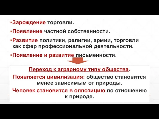 Зарождение торговли. Появление частной собственности. Развитие политики, религии, армии, торговли как