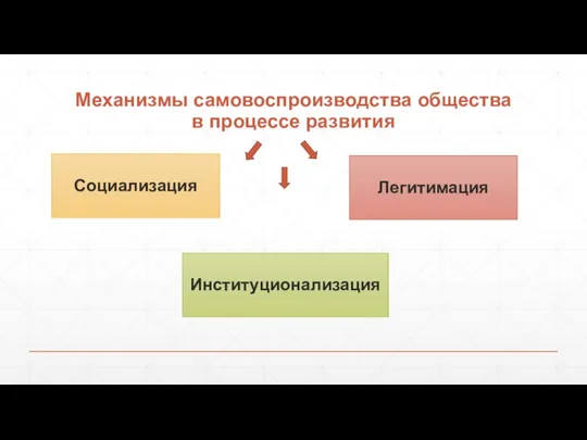 Механизмы самовоспроизводства общества в процессе развития Социализация Институционализация Легитимация