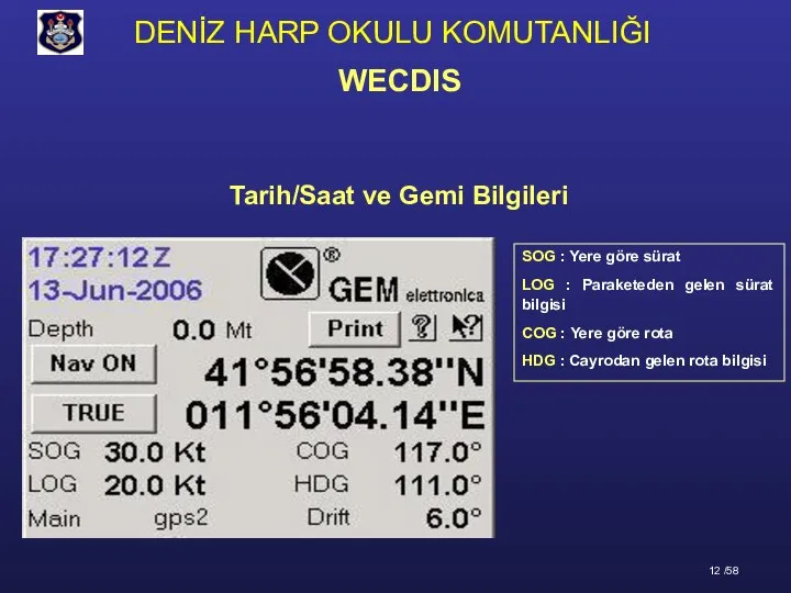 Tarih/Saat ve Gemi Bilgileri SOG : Yere göre sürat LOG :