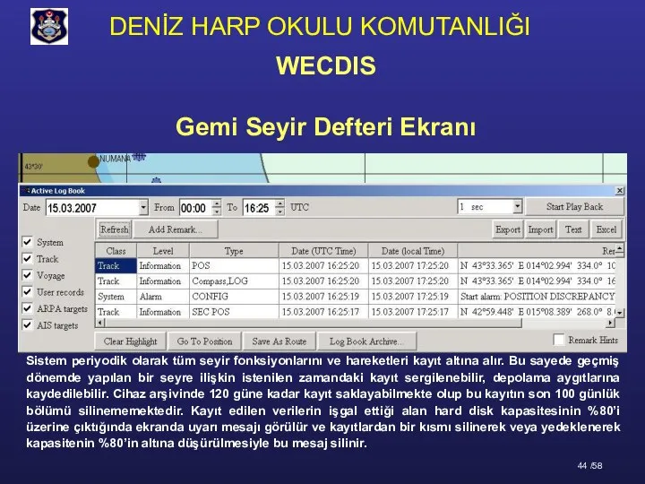 Gemi Seyir Defteri Ekranı Sistem periyodik olarak tüm seyir fonksiyonlarını ve