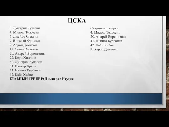 ЦСКА 3. Дмитрий Кулагин 4. Милош Теодосич 5. Джеймс Огастин 7.