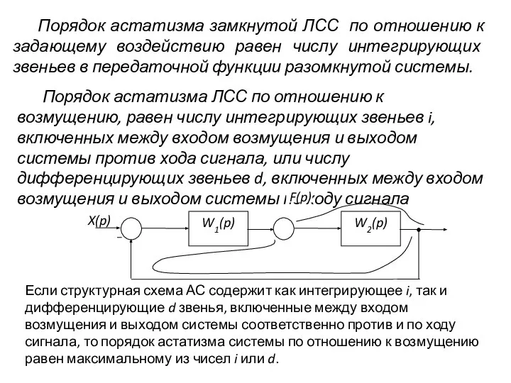 Порядок астатизма замкнутой ЛСС по отношению к задающему воздействию равен числу