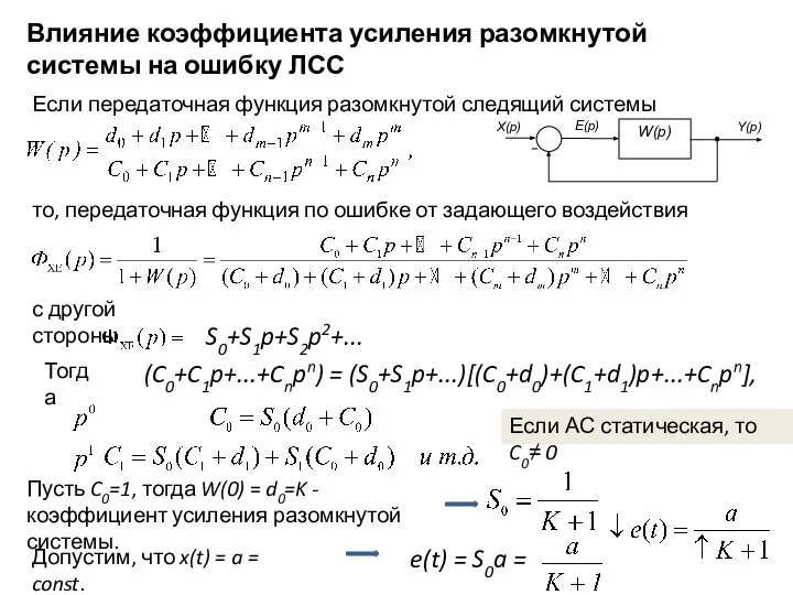 Влияние коэффициента усиления разомкнутой системы на ошибку ЛСС Если передаточная функция