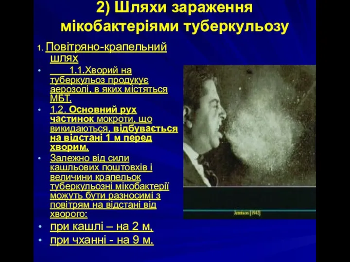 2) Шляхи зараження мікобактеріями туберкульозу 1. Повітряно-крапельний шлях 1.1.Хворий на туберкульоз