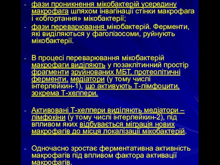 фази проникнення мікобактерій усередину макрофага шляхом інвагінації стінки макрофага і «обгортання»