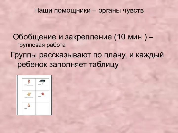 Наши помощники – органы чувств Обобщение и закрепление (10 мин.) –