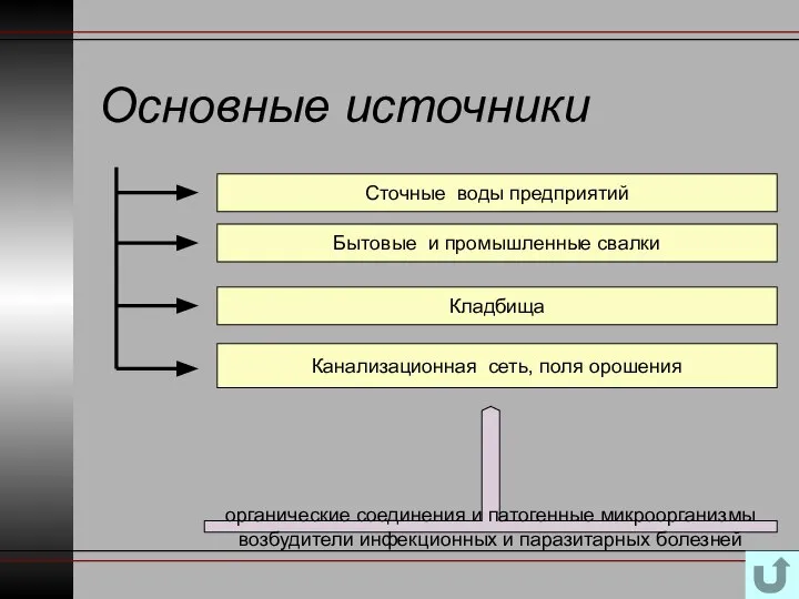 Основные источники Сточные воды предприятий Бытовые и промышленные свалки Кладбища Канализационная