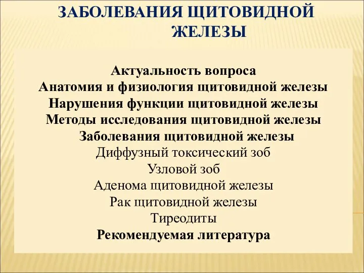 ЗАБОЛЕВАНИЯ ЩИТОВИДНОЙ ЖЕЛЕЗЫ Актуальность вопроса Анатомия и физиология щитовидной железы Нарушения