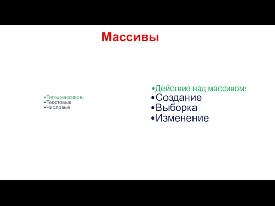 Типы массивов: Текстовые Числовые Действие над массивом: Создание Выборка Изменение Массивы