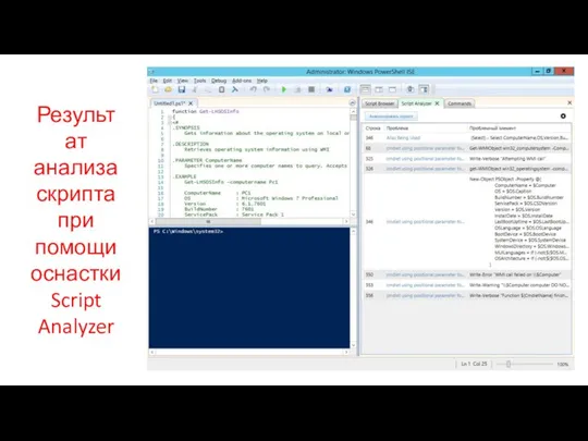 Результат анализа скрипта при помощи оснастки Script Analyzer