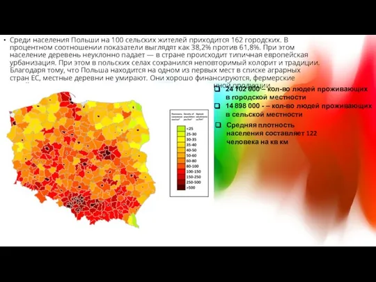 Среди населения Польши на 100 сельских жителей приходится 162 городских. В