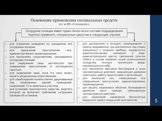 Основания применения специальных средств (ст. 21 ФЗ «О полиции») Сотрудник полиции