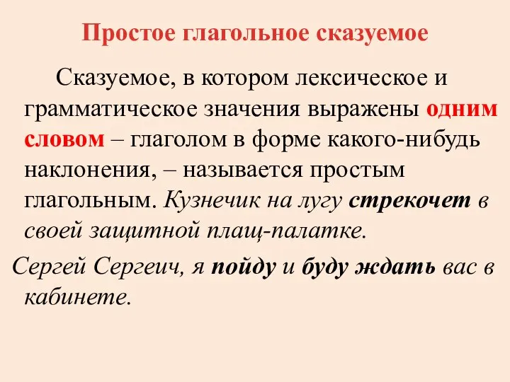 Простое глагольное сказуемое Сказуемое, в котором лексическое и грамматическое значения выражены