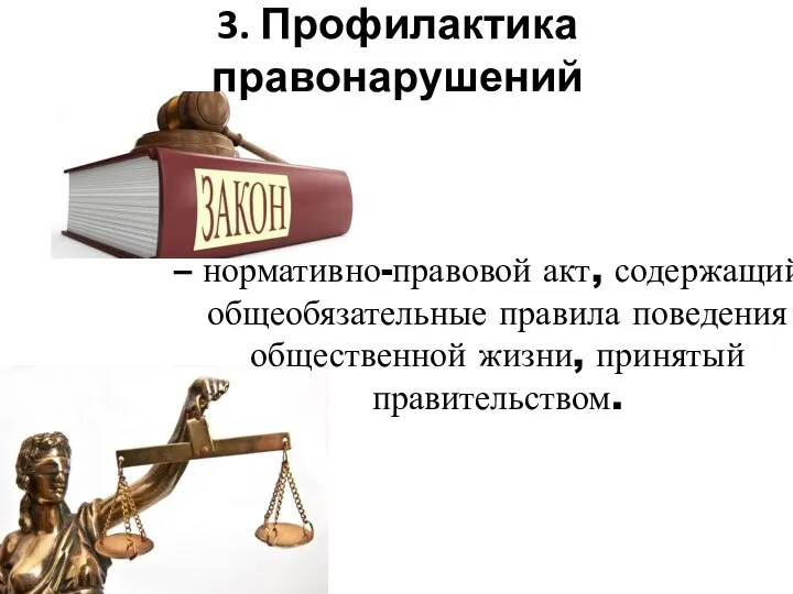 – нормативно-правовой акт, содержащий общеобязательные правила поведения общественной жизни, принятый правительством. 3. Профилактика правонарушений