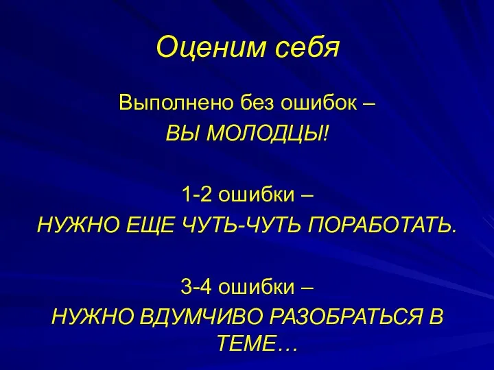 Оценим себя Выполнено без ошибок – ВЫ МОЛОДЦЫ! 1-2 ошибки –