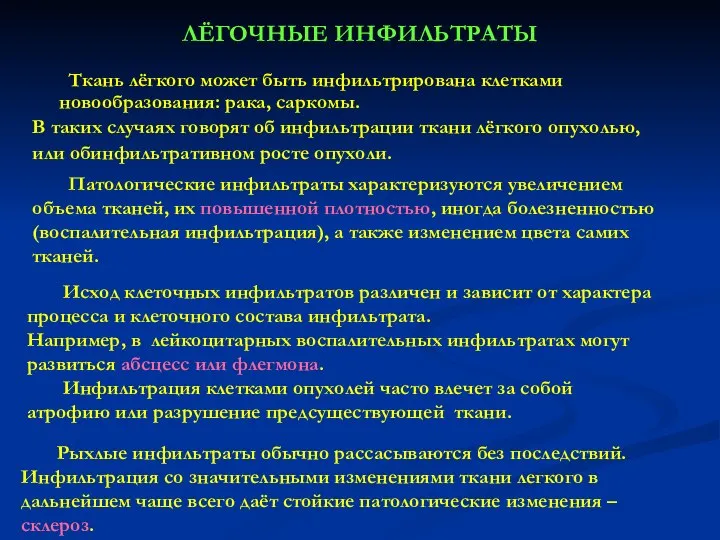 ЛЁГОЧНЫЕ ИНФИЛЬТРАТЫ Ткань лёгкого может быть инфильтрирована клетками новообразования: рака, саркомы.