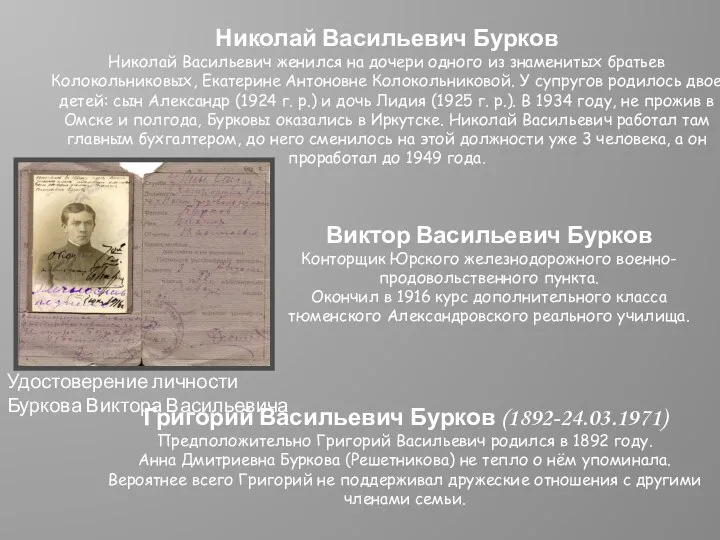 Виктор Васильевич Бурков Конторщик Юрского железнодорожного военно-продовольственного пункта. Окончил в 1916